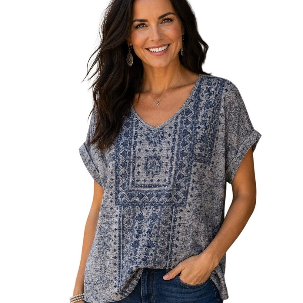 Style & Co Moroccan Inspired Tee Womens Size 2X Gray Blue V-Neck Dolman Knit Top